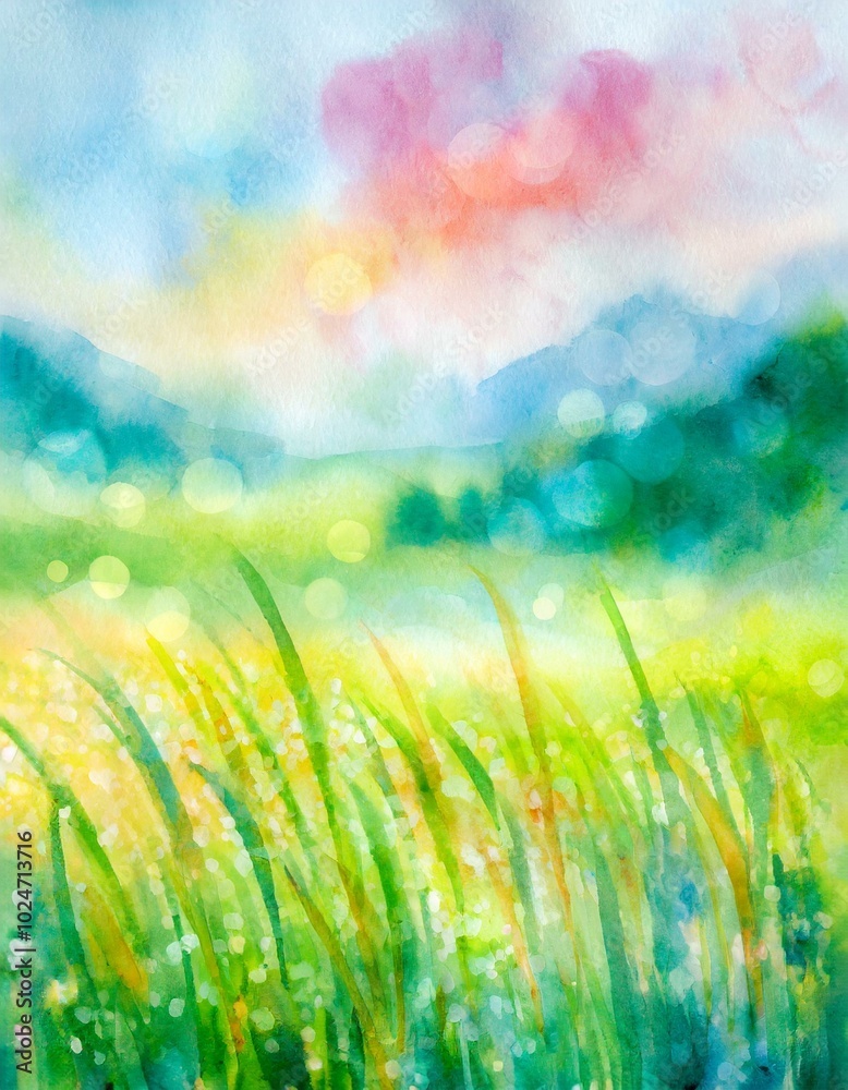 Obraz premium Watercolor illustration of a meadow blowing through the wind.