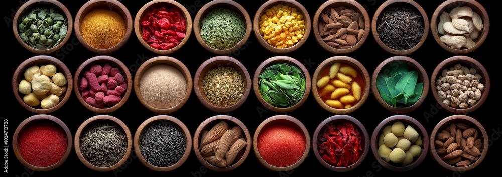Herbal Tea Ingredients In Wooden Bowls On Black Background Herbal Tea Ingredients In Wooden Bowls On Black Background