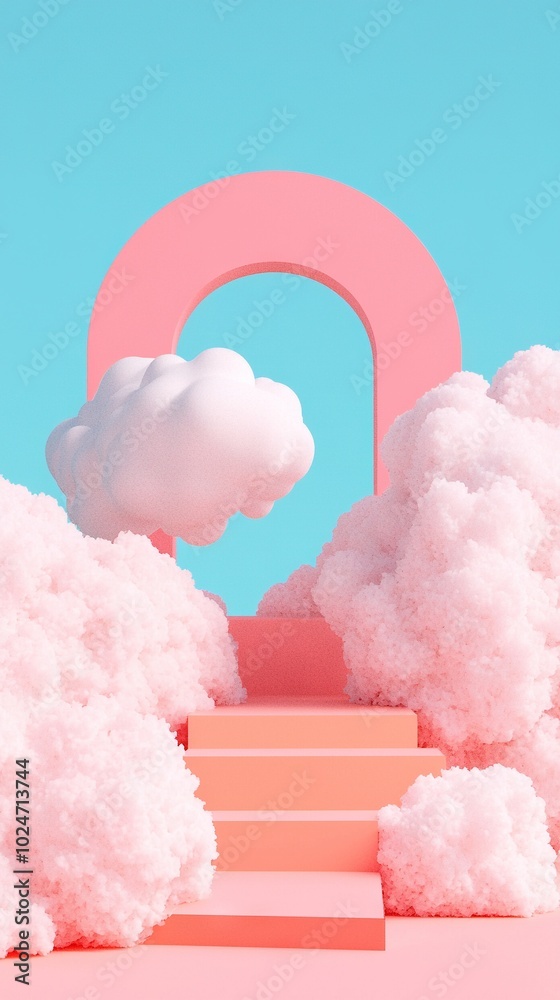 There's a cloud drifting in the sky over steps with a pink letter on a blue backdrop There's a cloud drifting in the sky over steps with a pink letter on a blue backdrop