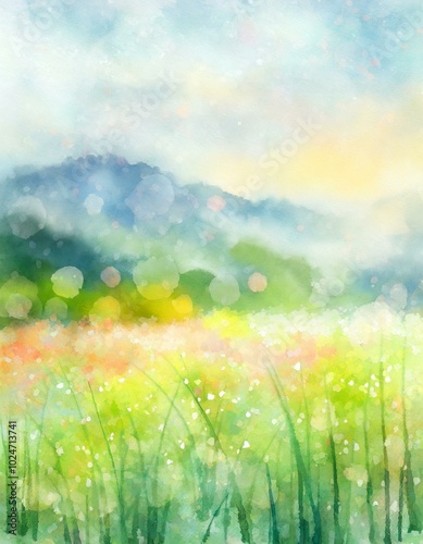 Watercolor illustration of a meadow blowing through the wind.