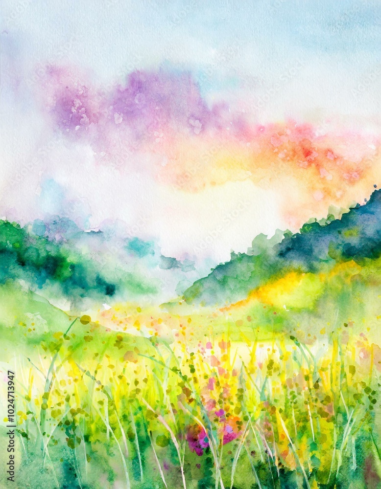 Fototapeta premium Watercolor illustration of a meadow blowing through the wind.