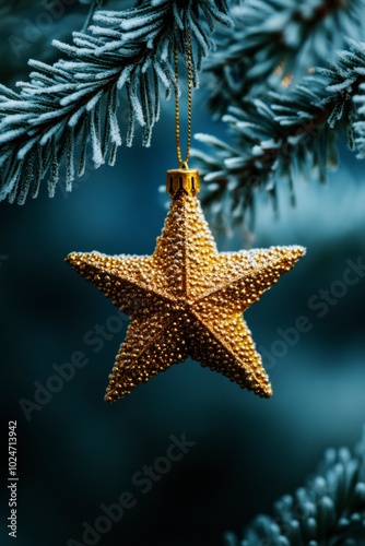 close-up of golden star christmas ornament hanging on frosted pine tree branch, holiday spirit, winter season decoration photo