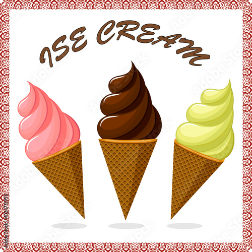 Illustration with colorful ice cream.Vector illustration with colorful ice cream on a transparent background with text and a frame.