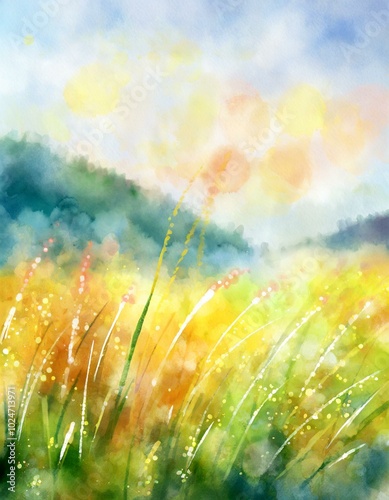 Watercolor illustration of a meadow blowing through the wind.