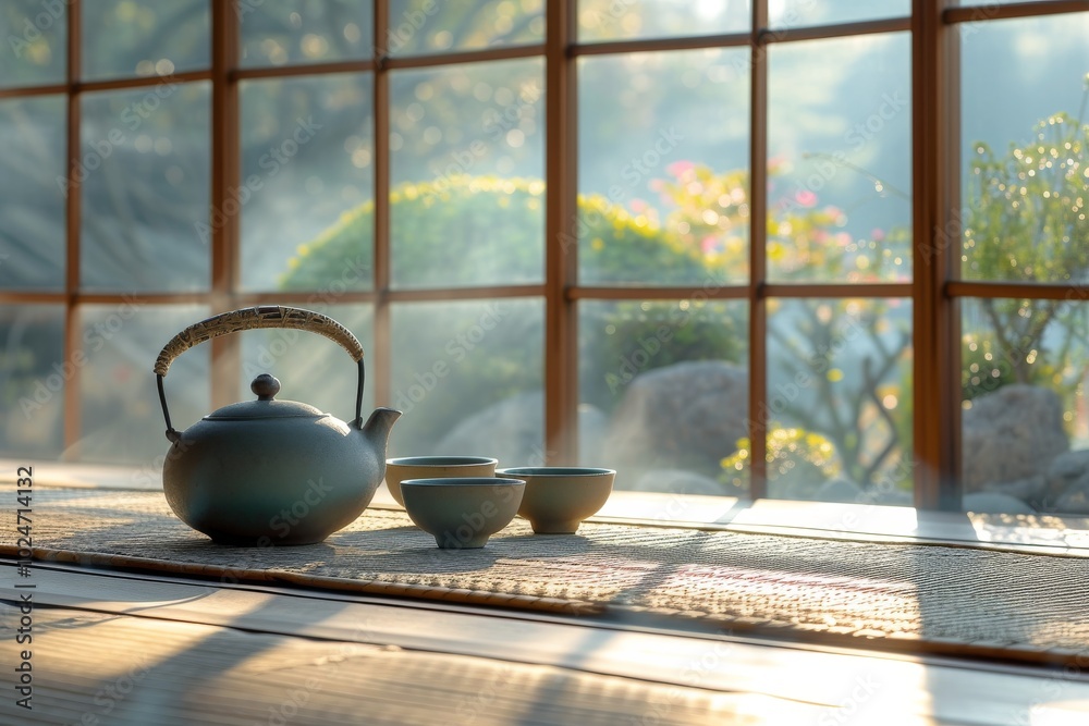 Serene tea ceremony setup with teapot and cups, set against tranquil Japanese garden backdrop with soft sunlight, symbolizing mindfulness and appreciation of beauty in simplicity
