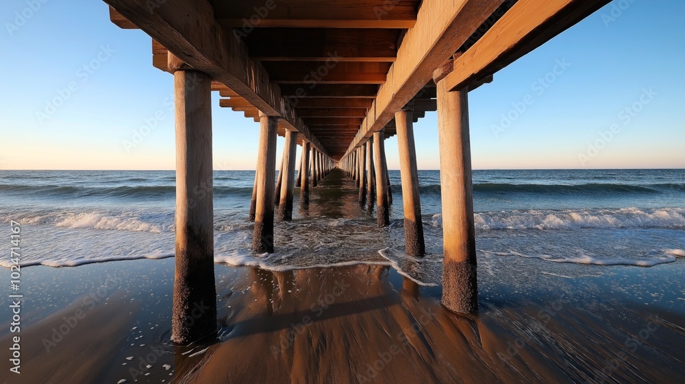 Underneath view of a wooden pier stretching out over the ocean with gentle waves washing onto the sandy beach at sunset. Underneath view of a wooden pier stretching out over the ocean with gentle waves washing onto the sandy beach at sunset.