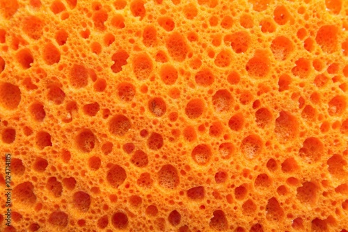 Surface texture of bright orange foamiran synthetic sponge material on foam rubber background in worm's eye view