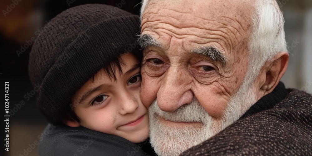 the child and the elderly man looking comforted by the embrace. the child and the elderly man looking comforted by the embrace.