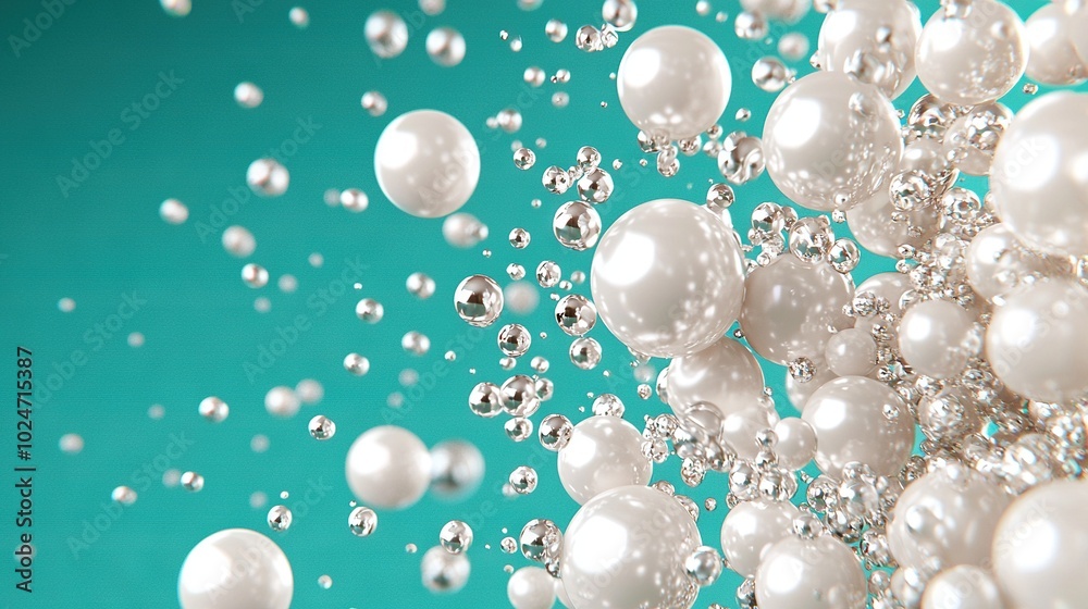 White balls float atop blue surface; water droplets adorn base White balls float atop blue surface; water droplets adorn base