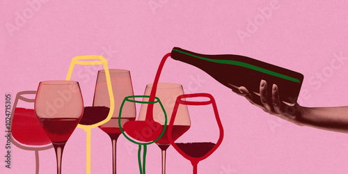 Wine pouring into collection of colorful wine glasses, each unique in shape. Diversity in wine drinking. Contemporary art collage. Concept of drink, winery, taste, party, wine culture