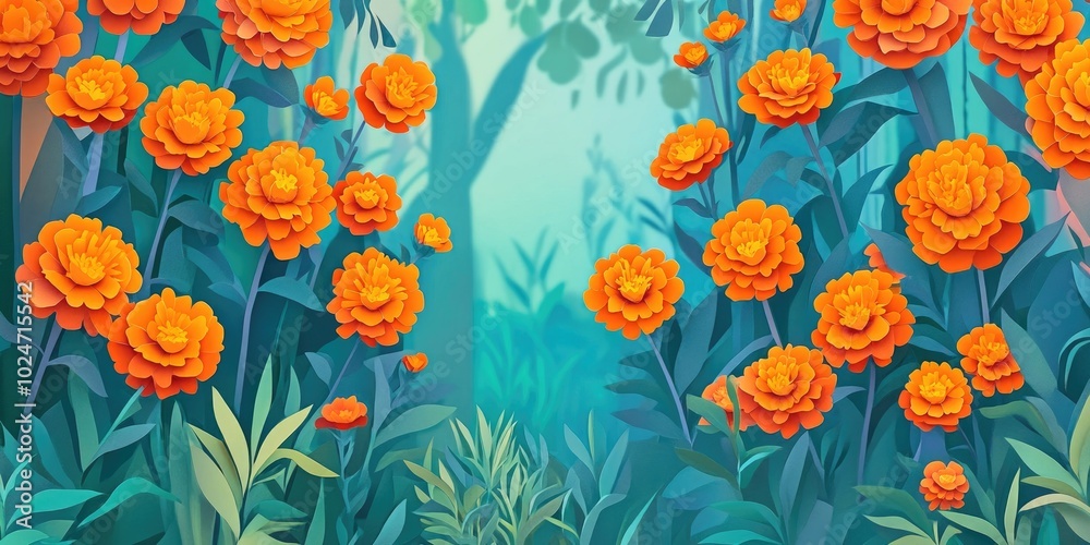 Marigold plants featuring vibrant blooms in a tranquil temple setting, Vibrant marigold flowers in a serene garden environment Marigold plants featuring vibrant blooms in a tranquil temple setting, Vibrant marigold flowers in a serene garden environment