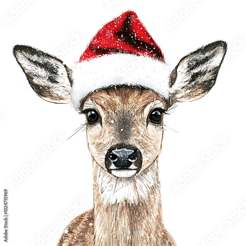 A cute deer wearing a red Santa hat, perfect for Christmas and holiday-themed illustrations photo