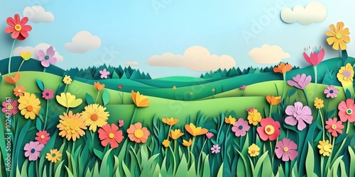 Wallpaper Mural Vibrant springtime landscape featuring an expansive field of fresh greenery and blooming flowers, Vivid spring landscape with lush green fields and colorful blossoms Torontodigital.ca