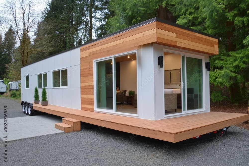 Tiny House On Wheels Under Tree With Stone Steps Tiny House On Wheels Under Tree With Stone Steps