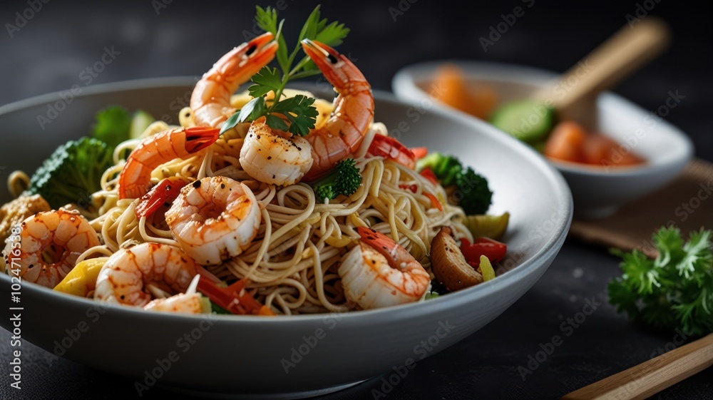 A bowl of noodles with shrimp, vegetables, and a side of sauce. A bowl of noodles with shrimp, vegetables, and a side of sauce.