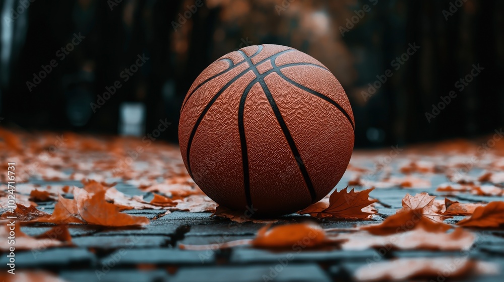 Close-up of a basketball on a cobblestone surface with scattered autumn leaves, creating a seasonal outdoor atmosphere. Close-up of a basketball on a cobblestone surface with scattered autumn leaves, creating a seasonal outdoor atmosphere.