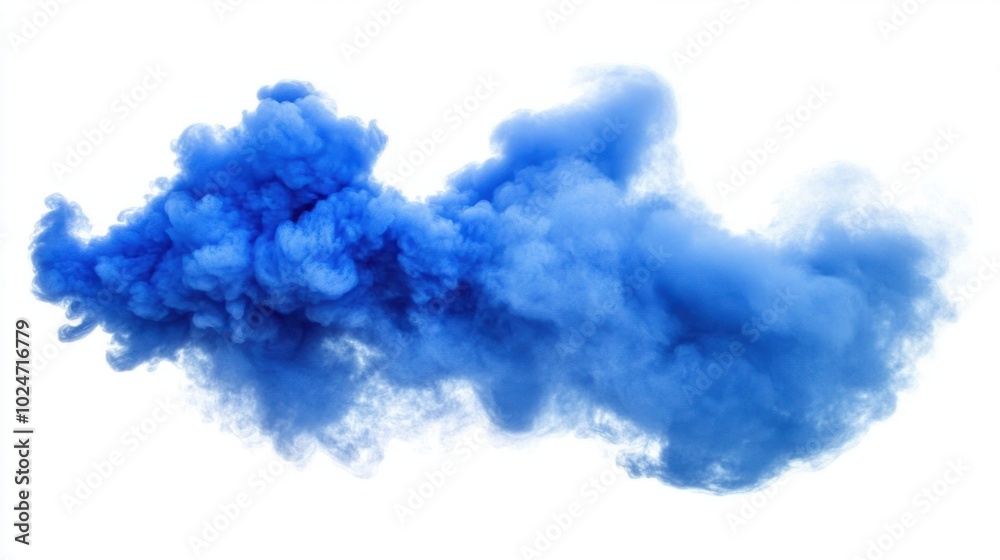 Fototapeta premium Blue smoke plume captured in mid-explosion, spreading outward with soft, billowing edges against white.