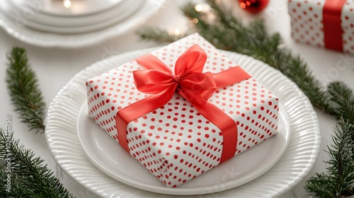 Christmas gift boxes wrapped in polka dot and chevron paper, adorned with red ribbons and pine branches, create a bright, cheerful holiday scene with a festive atmosphere.