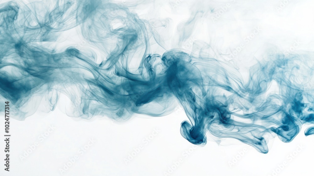 Fototapeta premium Soft, billowing blue smoke clouds creating intricate patterns as they disperse against a white backdrop.