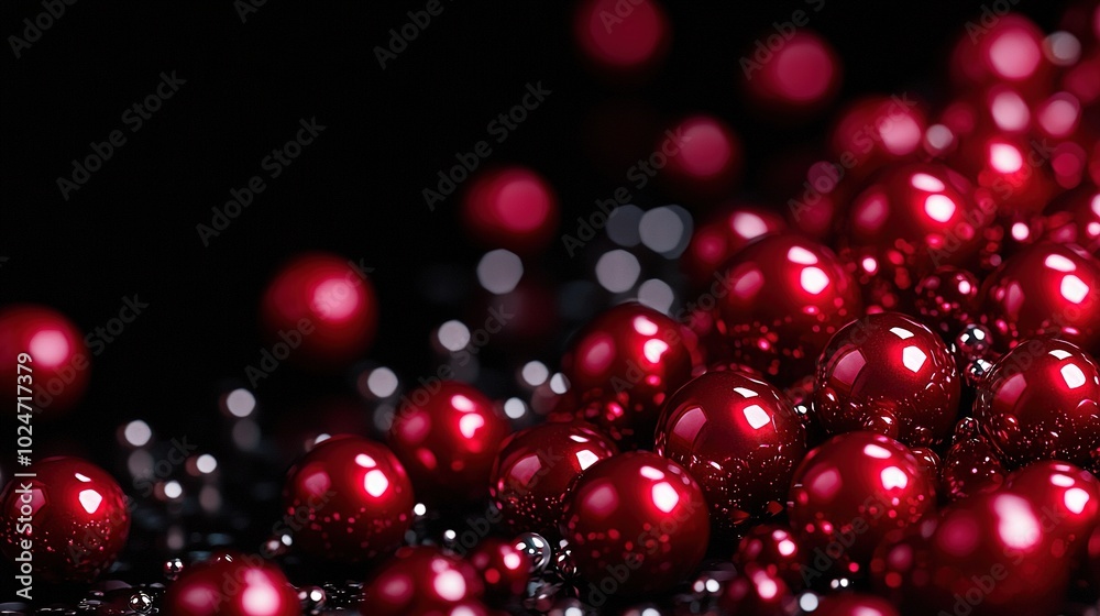 Shiny red balls on a black surface against a white background with white dots on top Shiny red balls on a black surface against a white background with white dots on top