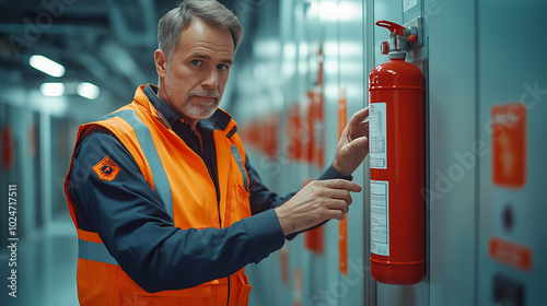 Worker Inspecting Fire Extinguisher in a Safety Compliance Check at a Facility