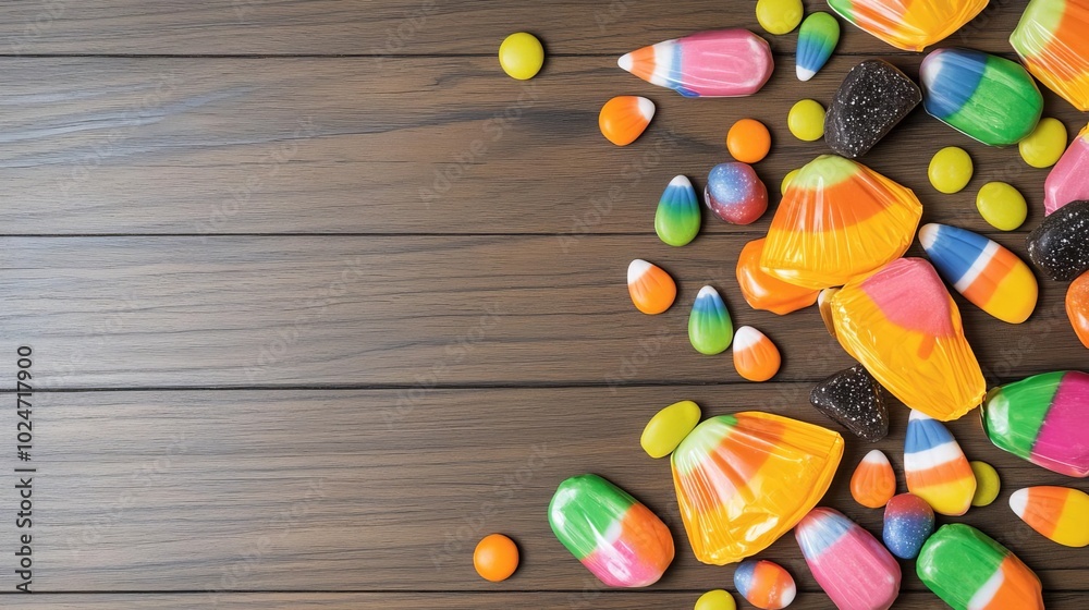 Obraz premium Witch-shaped candy wrappers scattered on a wooden table, Halloween candy details, concept