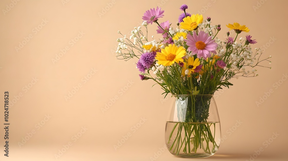 A colorful wildflower bouquet in a glass vase stands against a pale beige background, showcasing a variety of blooms and fresh spring flowers in a minimalist arrangement with delicate petals. A colorful wildflower bouquet in a glass vase stands against a pale beige background, showcasing a variety of blooms and fresh spring flowers in a minimalist arrangement with delicate petals.