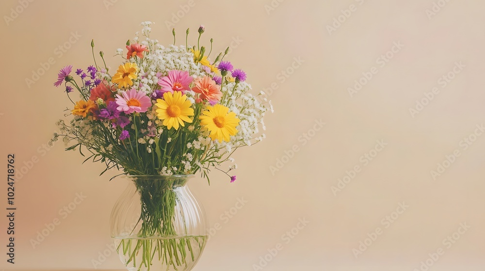 A colorful wildflower bouquet in a glass vase stands against a pale beige background, showcasing a variety of blooms and fresh spring flowers in a minimalist arrangement with delicate petals. A colorful wildflower bouquet in a glass vase stands against a pale beige background, showcasing a variety of blooms and fresh spring flowers in a minimalist arrangement with delicate petals.