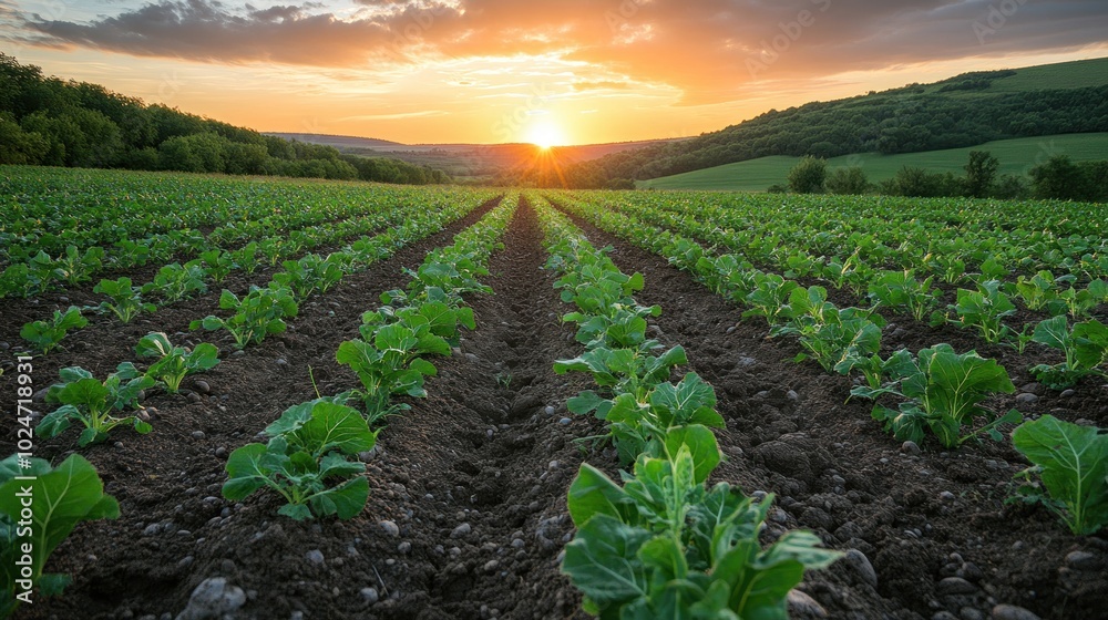 Lush vegetable field at sunset, showcasing agricultural beauty. Lush vegetable field at sunset, showcasing agricultural beauty.