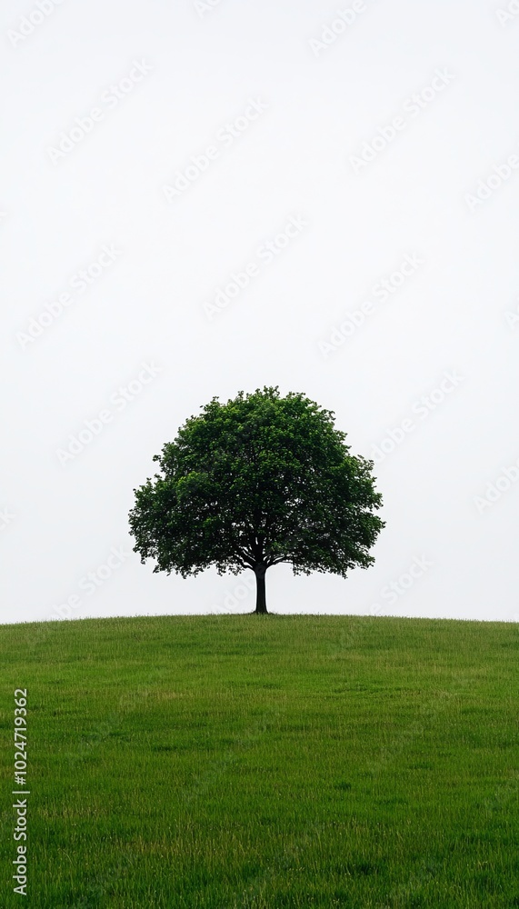 Solitary Tree Standing Tall On A Green Hill Against A Cloudy Sky. Minimalistic Landscape. Solitary Tree Standing Tall On A Green Hill Against A Cloudy Sky. Minimalistic Landscape.