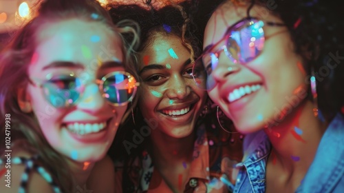 Three friends enjoying a vibrant celebration with colorful lights and laughter in a lively indoor setting at night