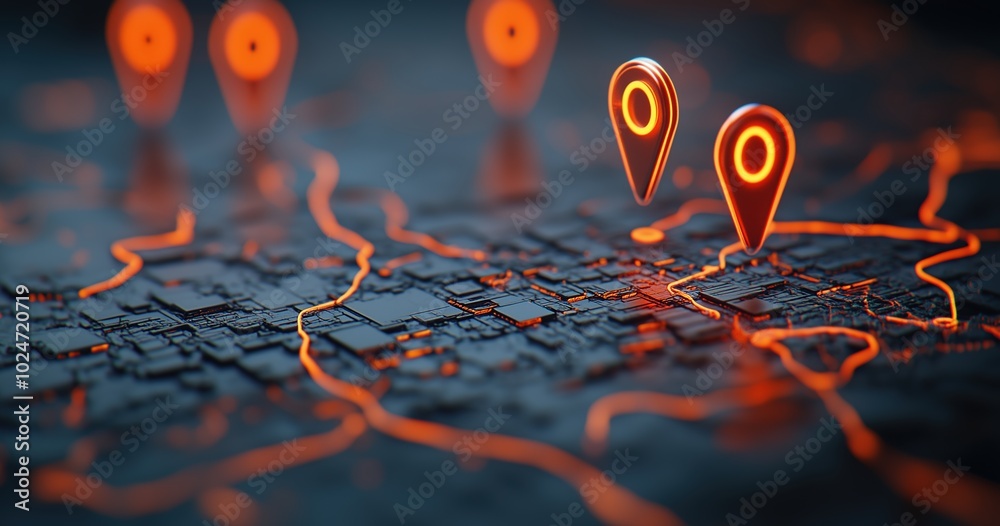 Realistic Map with Red Pins and Orange Glowing Markers Representing Urban Location Monitoring for Business Control and Simplified Network Design, Set Against Dark Grey Background. Realistic Map with Red Pins and Orange Glowing Markers Representing Urban Location Monitoring for Business Control and Simplified Network Design, Set Against Dark Grey Background.