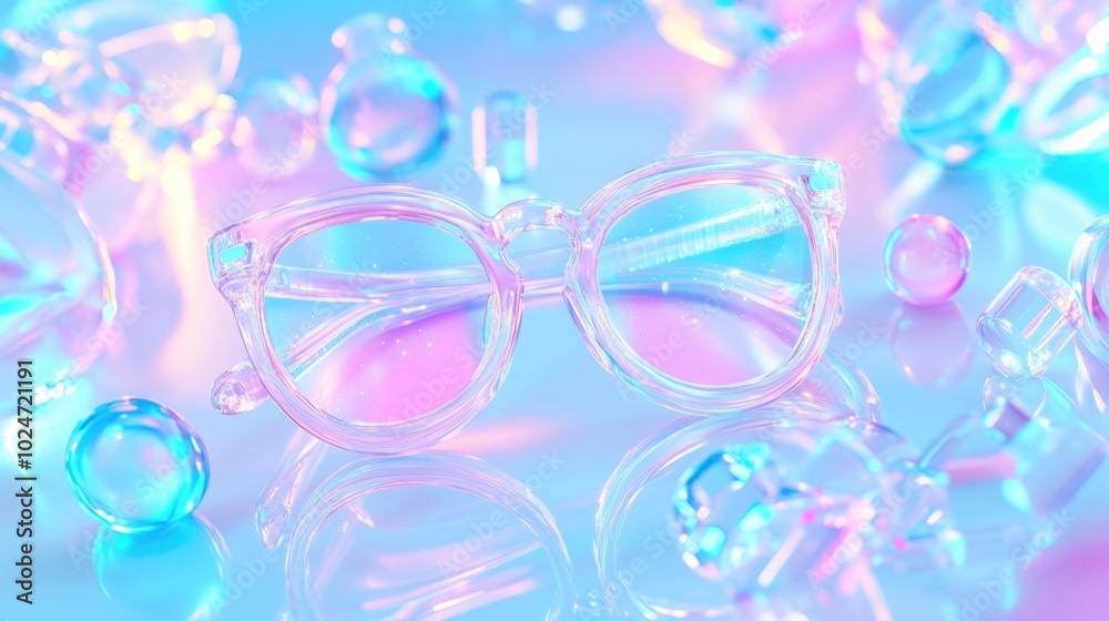 Enchanting transparent glasses with pastel holographic reflection and geometric shapes Enchanting transparent glasses with pastel holographic reflection and geometric shapes