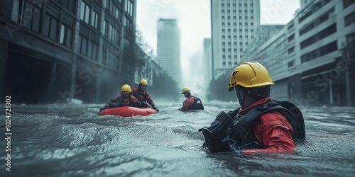 Rescue team in protective gear wading through flooded city streets, conducting search and rescue operations during storm aftermath, selective focus
