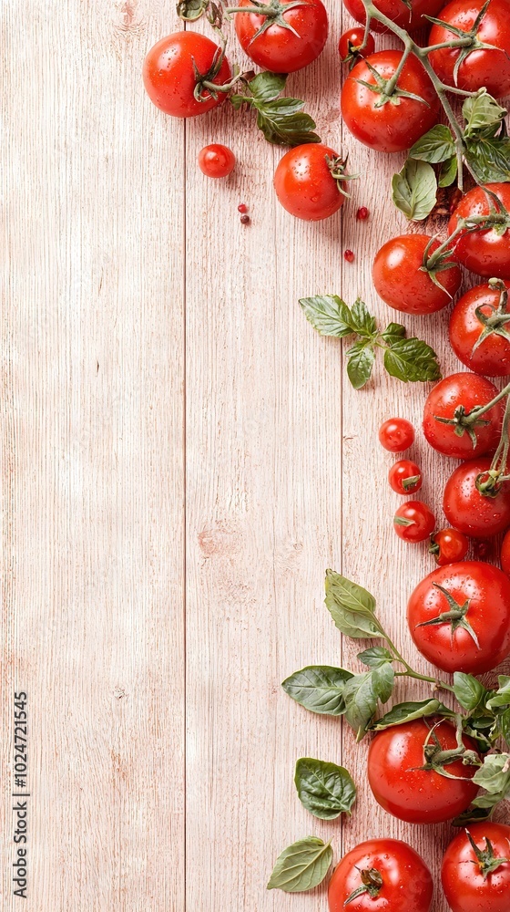 A bountiful collection of ripe red tomatoes adorns the wooden tabletop, surrounded by lush green foliage A bountiful collection of ripe red tomatoes adorns the wooden tabletop, surrounded by lush green foliage