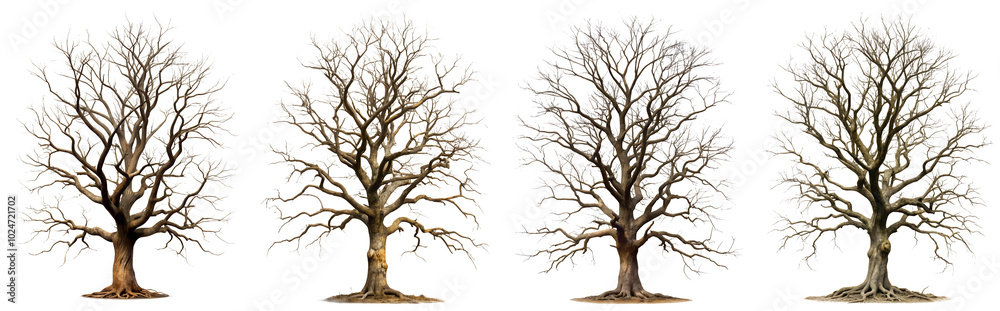 Fototapeta premium A set of old bare dead trees without leaves, black-brown, isolated on a transparent background, represents the concept of plants and flowers.