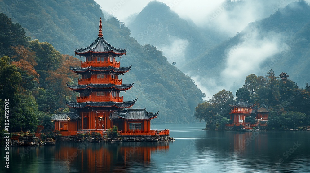 A red pagoda sits on a small island in a misty lake, surrounded by lush green mountains.