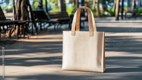 Beige canvas tote bag standing upright on a shaded sidewalk in a park-like setting with benches and trees in the background.