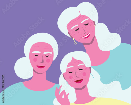Aging process of BIPOC person, premium flat vector stock illustration or liveliness triptych with afro adult, child, senior woman