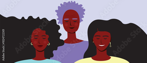 Aging process of BIPOC person, premium flat vector stock illustration or liveliness triptych with afro adult, child, senior woman