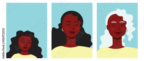 Aging process of BIPOC person, premium flat vector stock illustration or liveliness triptych with afro adult, child, senior woman