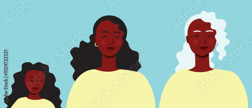 Aging process of BIPOC person, premium flat vector stock illustration or liveliness triptych with afro adult, child, senior woman