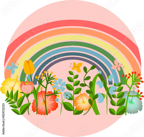 Cartoon landscape with colorful tropical flowers and rainbow on circle badge vector