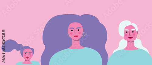 Aging process of BIPOC person, premium flat vector stock illustration or liveliness triptych with afro adult, child, senior woman