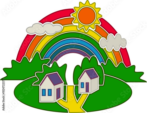 Sculpted single icon with rural landscape and rainbow over country road among houses vector