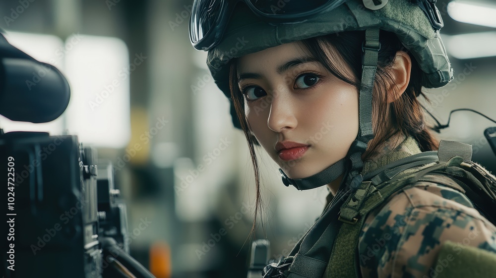 A close-up of a female soldier in tactical gear, looking intently while indoors, demonstrating readiness and focus during a military operation. A close-up of a female soldier in tactical gear, looking intently while indoors, demonstrating readiness and focus during a military operation.