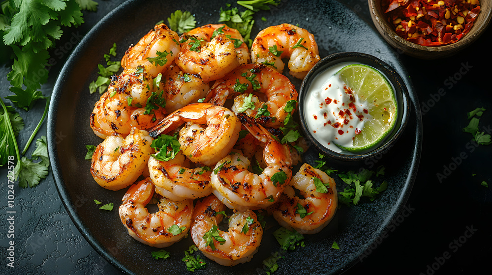 Grilled shrimp with lime and white sauce on a dark plate.
Grilled shrimp with lime and white sauce on a dark plate.