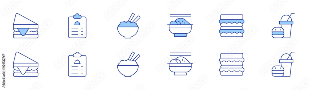 Food icon set in two styles, Duotone and Thin Line style. Editable stroke. sandwich, tzatziki, menu, rice, hamburguer, fast food