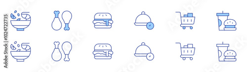 Food icon set in two styles, Duotone and Thin Line style. Editable stroke. tom yum, lunch time, shopping cart, fried chicken, burger, fast food