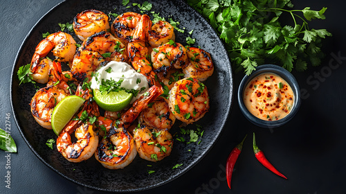 Grilled shrimp with lime and white sauce on a dark plate. 